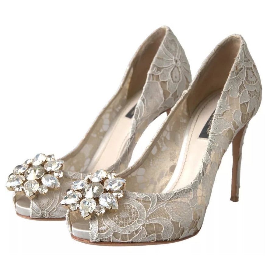 Dolce & Gabbana White Taormina Lace Crystal Heels Pumps Shoes