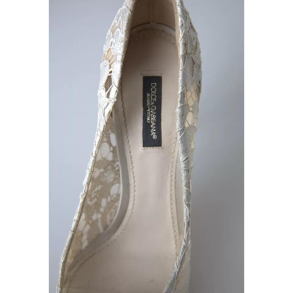 Dolce &amp; Gabbana White Taormina Lace Crystal Heels Pumps Shoes