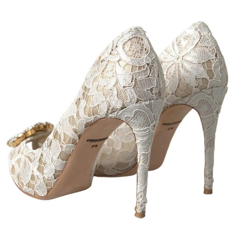 Dolce &amp; Gabbana White Taormina Lace Crystal Heels Pumps Shoes