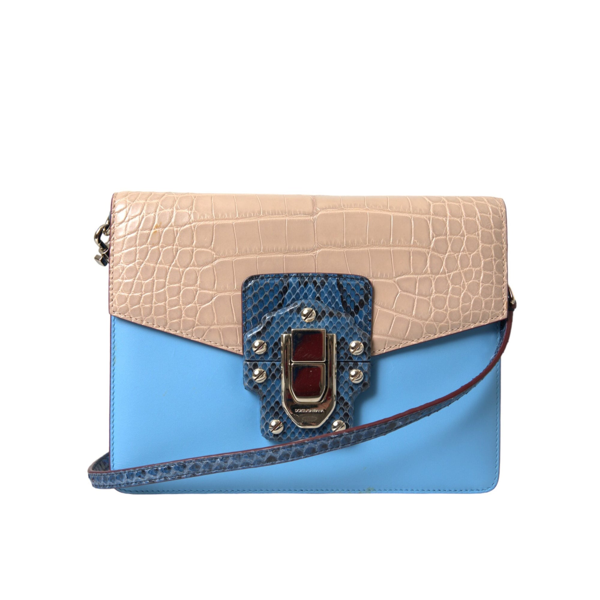 Dolce &amp; Gabbana Blue Beige Exotic Leather LUCIA Crossbody Purse Bag