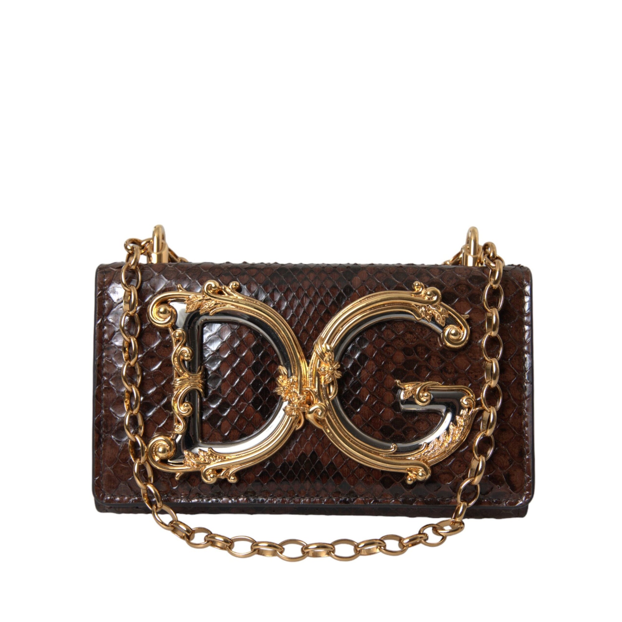 Dolce &amp; Gabbana Brown Python Leather DG Girls Crossbody Phone Bag