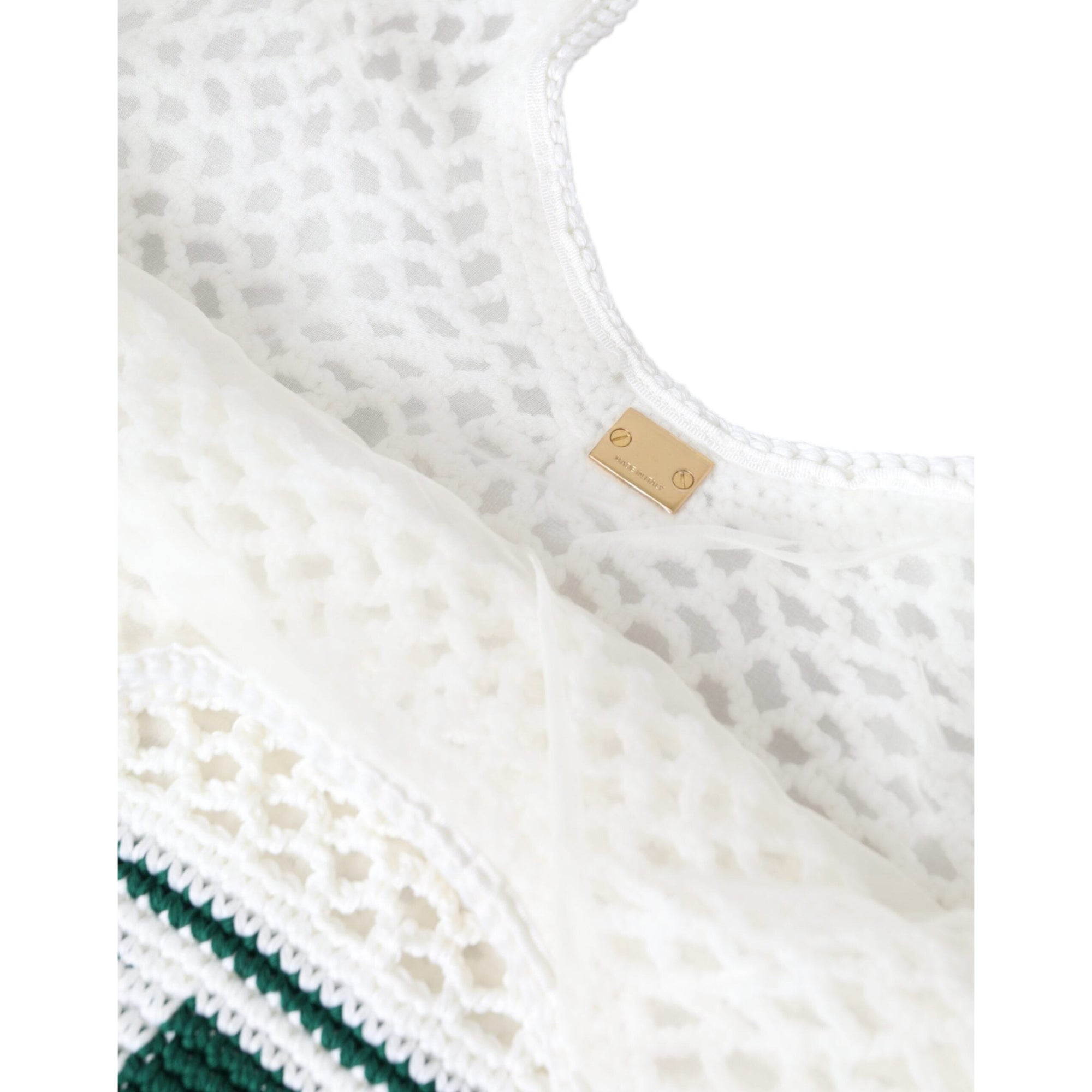 Dolce &amp; Gabbana White Green Knitted Cotton Logo Shopping Tote Bag