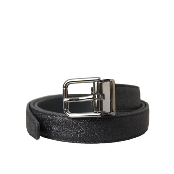 Dolce & Gabbana Black Glittered Leather Silver Buckle Belt