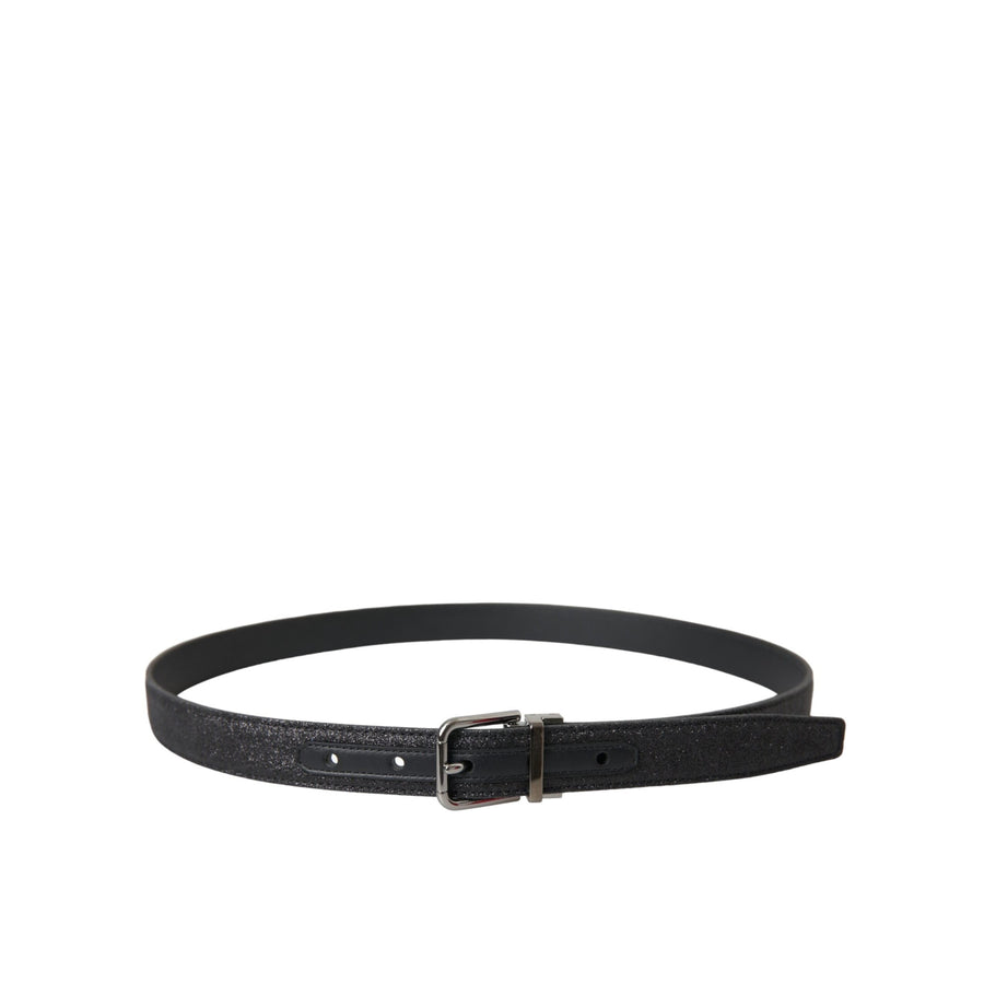 Dolce & Gabbana Black Glittered Leather Silver Buckle Belt