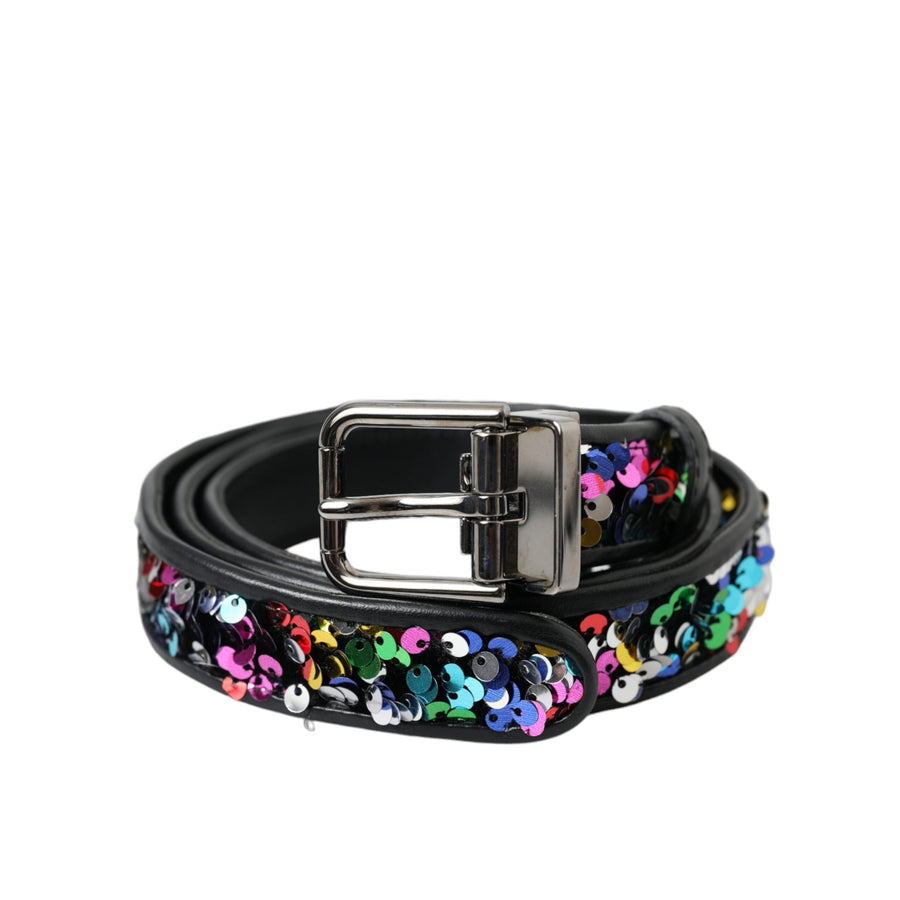 Dolce & Gabbana Black Sequined Silver Metal Buckle Women Belt