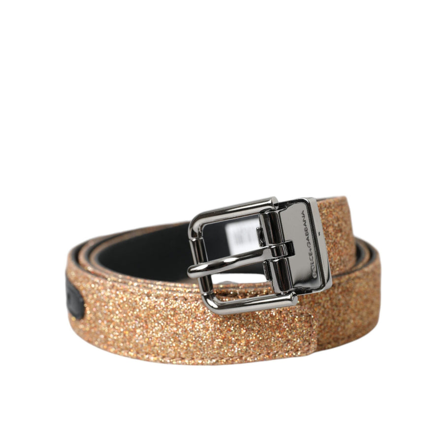 Dolce & Gabbana Gold Glitter Leather Silver Metal Buckle Belt