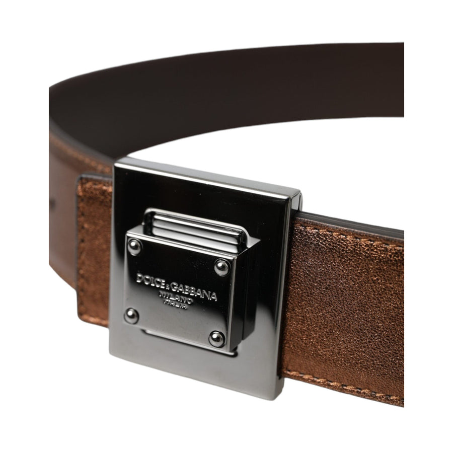 Dolce & Gabbana Metallic Bronze Leather Square Metal Buckle Belt