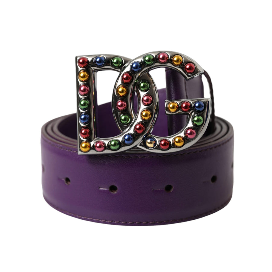 Dolce & Gabbana Purple Leather DG Logo Studs Metal Buckle Belt