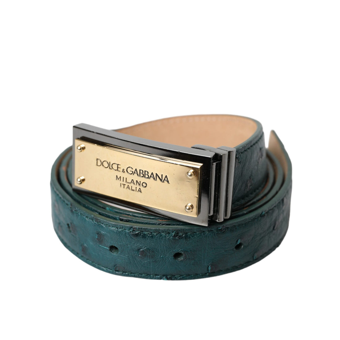 Dolce & Gabbana Green Leather Gold Logo Engraved Buckle Belt