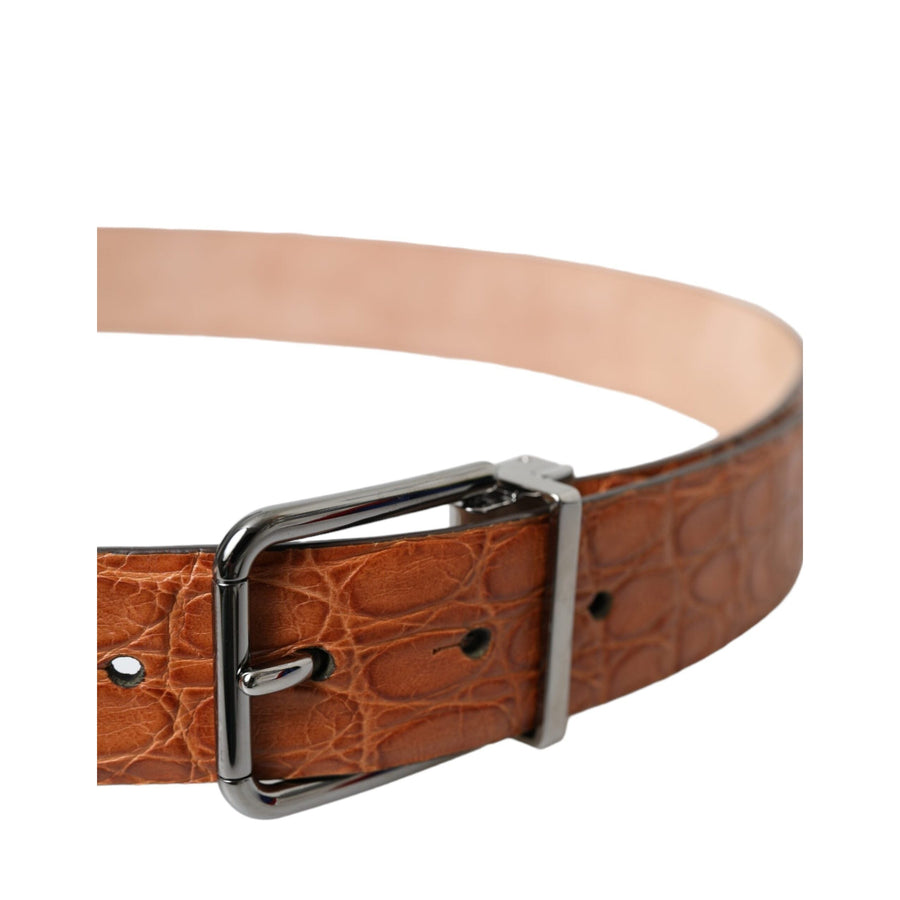 Dolce & Gabbana Brown Exotic Leather Silver Metal Buckle Belt