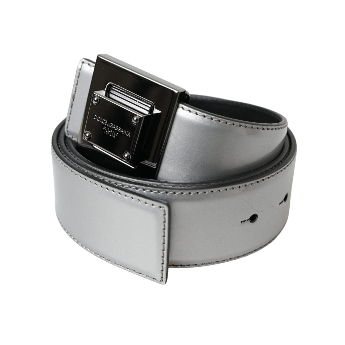 Dolce & Gabbana Silver Leather Square Metal Buckle Belt