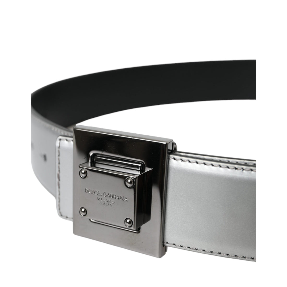 Dolce & Gabbana Silver Leather Square Metal Buckle Belt