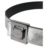 Dolce & Gabbana Silver Leather Square Metal Buckle Belt