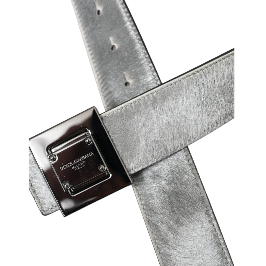 Dolce & Gabbana Silver Leather Square Metal Buckle Belt