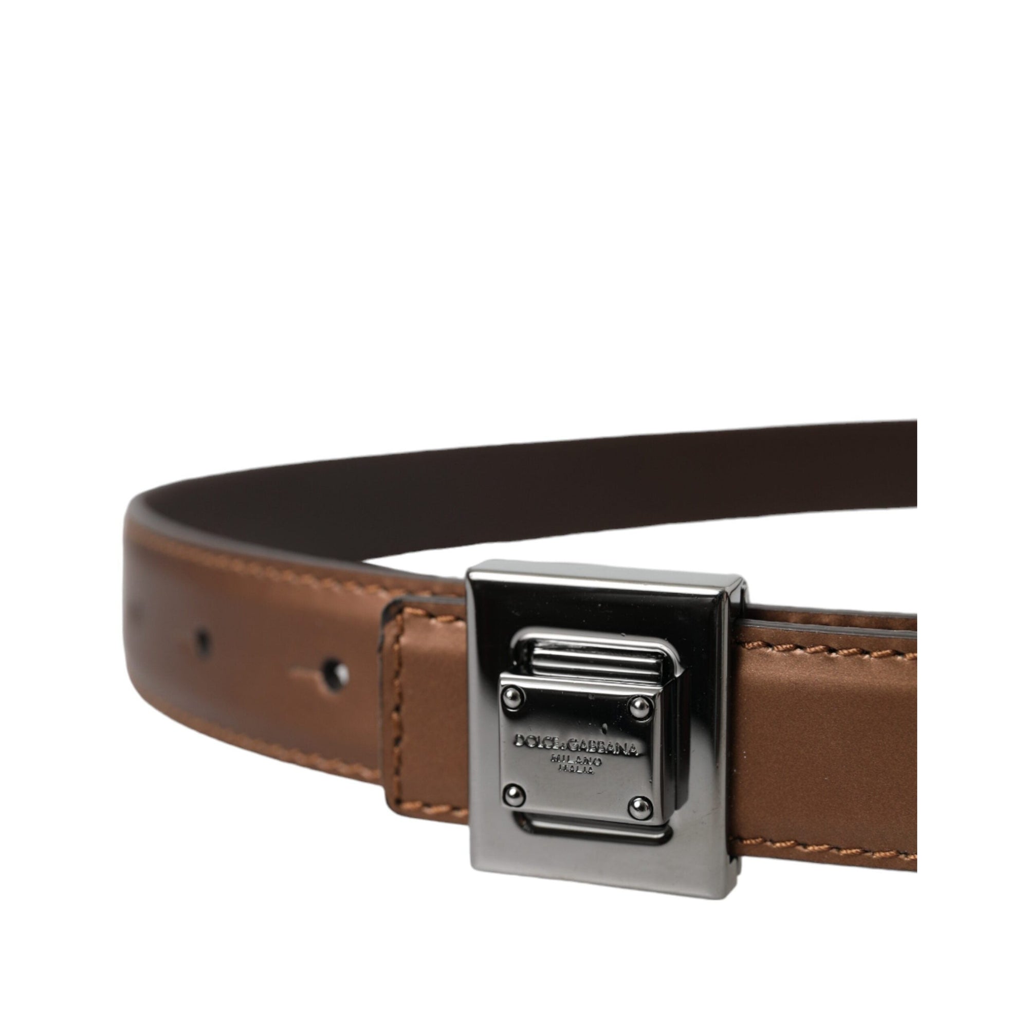 Dolce &amp; Gabbana Bronze Leather Square Metal Buckle Belt