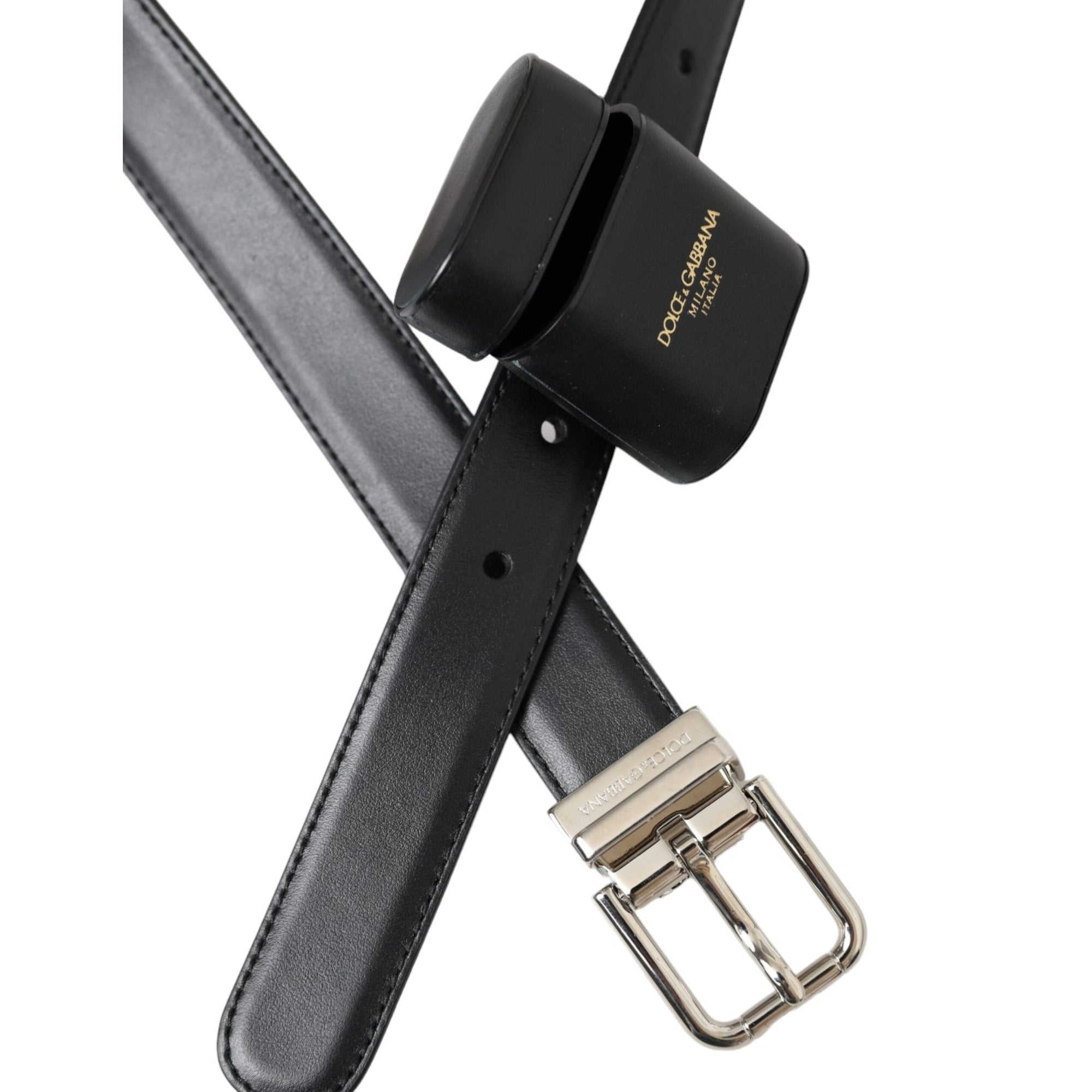 Dolce &amp; Gabbana Black Leather Airpods Case Silver Buckle Belt