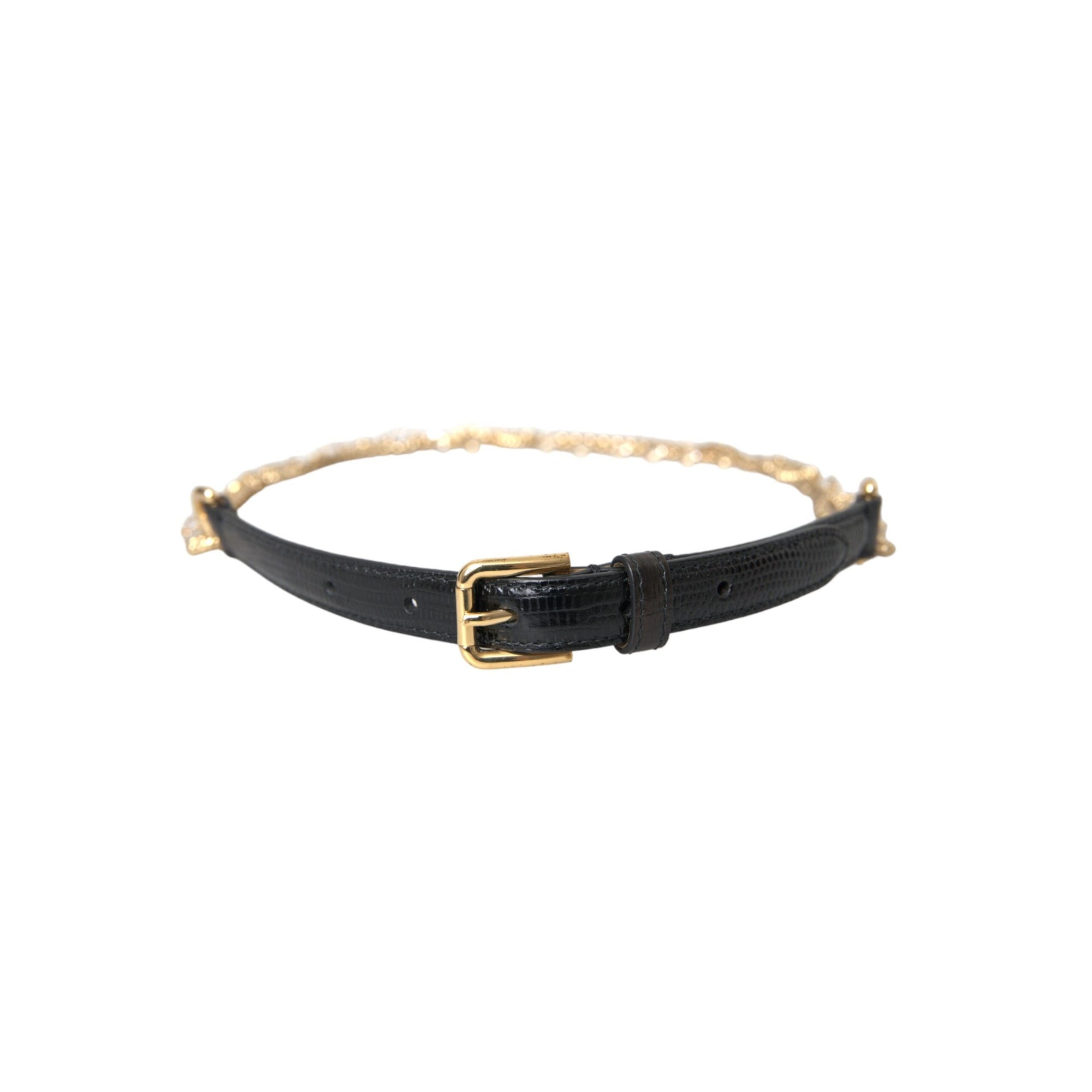 Dolce &amp; Gabbana Black Leather Gold Chain Crystal Waist Women Belt