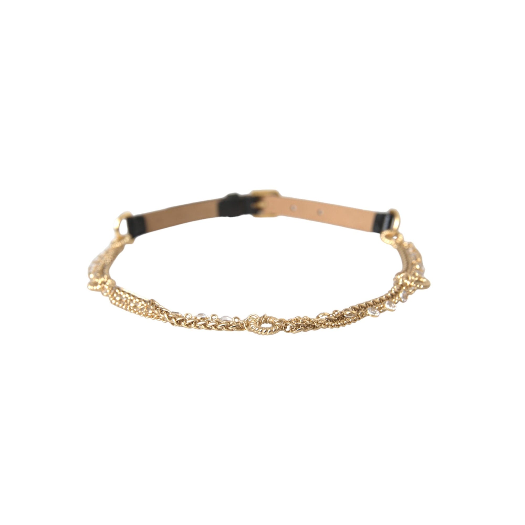 Dolce &amp; Gabbana Black Leather Gold Chain Crystal Waist Women Belt