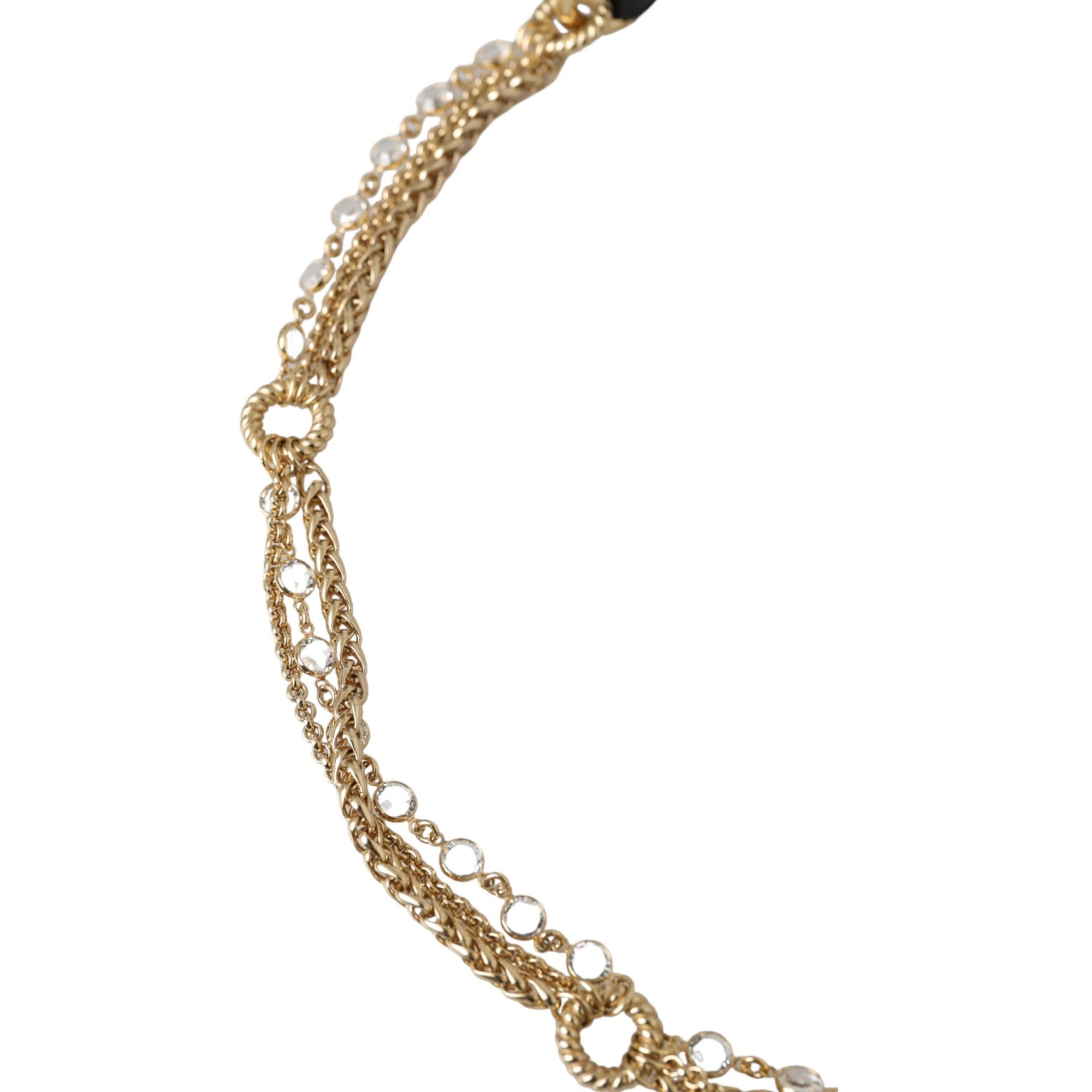 Dolce &amp; Gabbana Black Leather Gold Chain Crystal Waist Women Belt