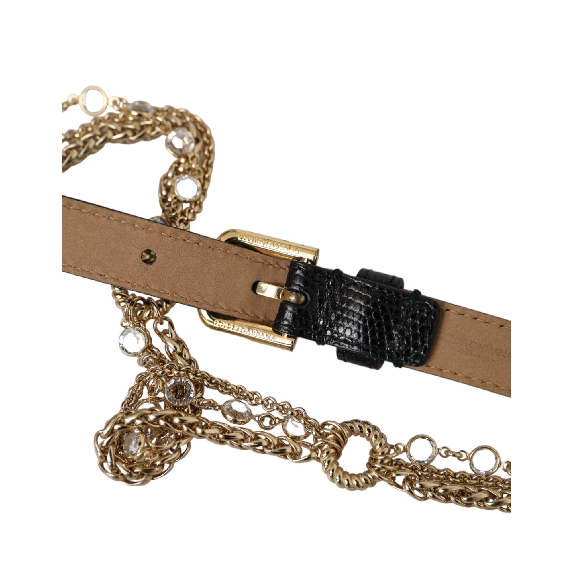 Dolce &amp; Gabbana Black Leather Gold Chain Crystal Waist Women Belt