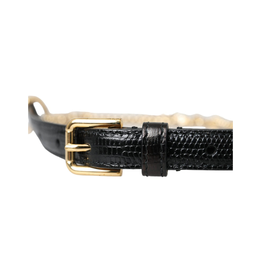 Dolce & Gabbana Black Leather Gold Chain Crystal Waist Women Belt