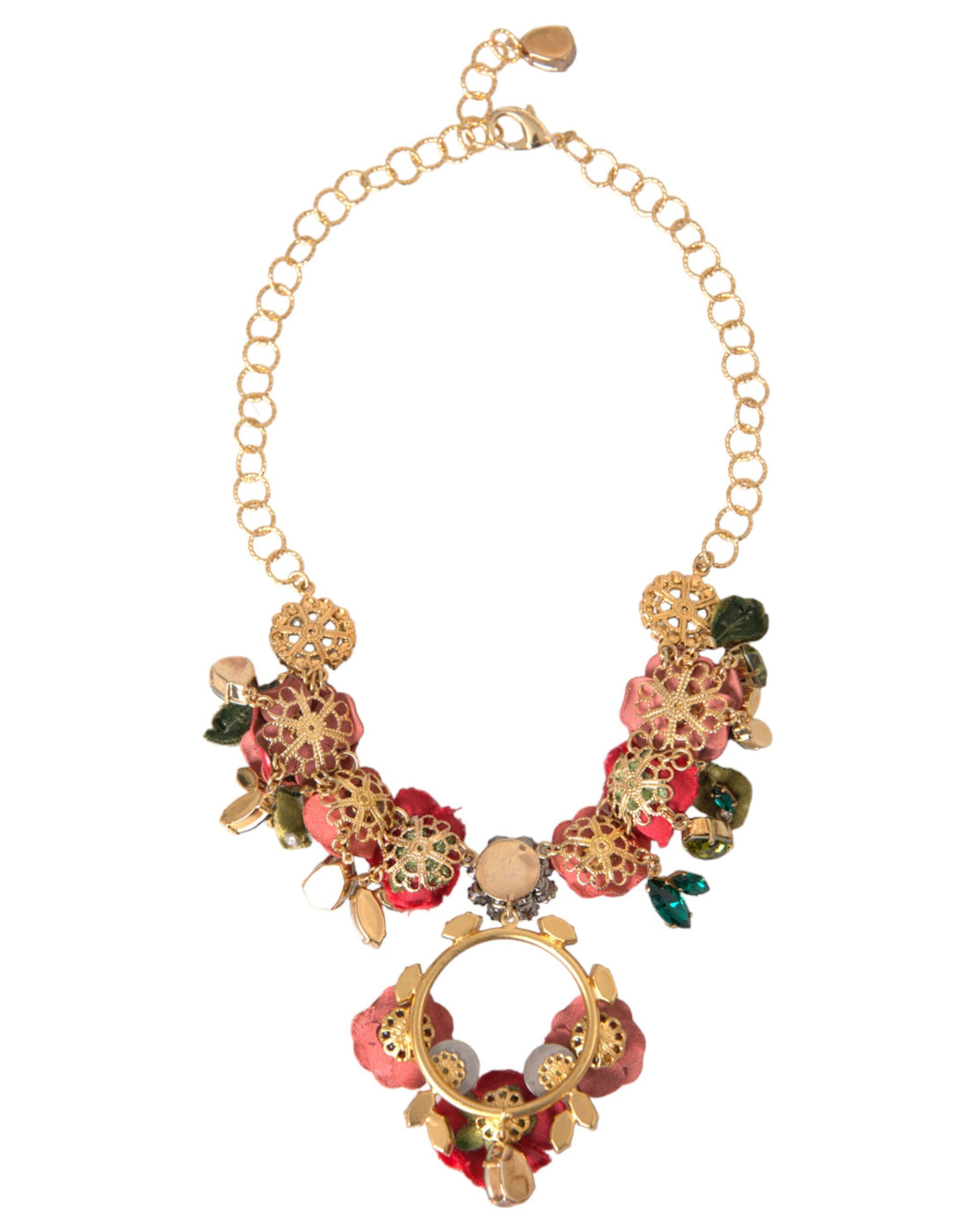 Dolce & Gabbana Gold Brass Link Chain RosePetal Crystal Pendant Necklace