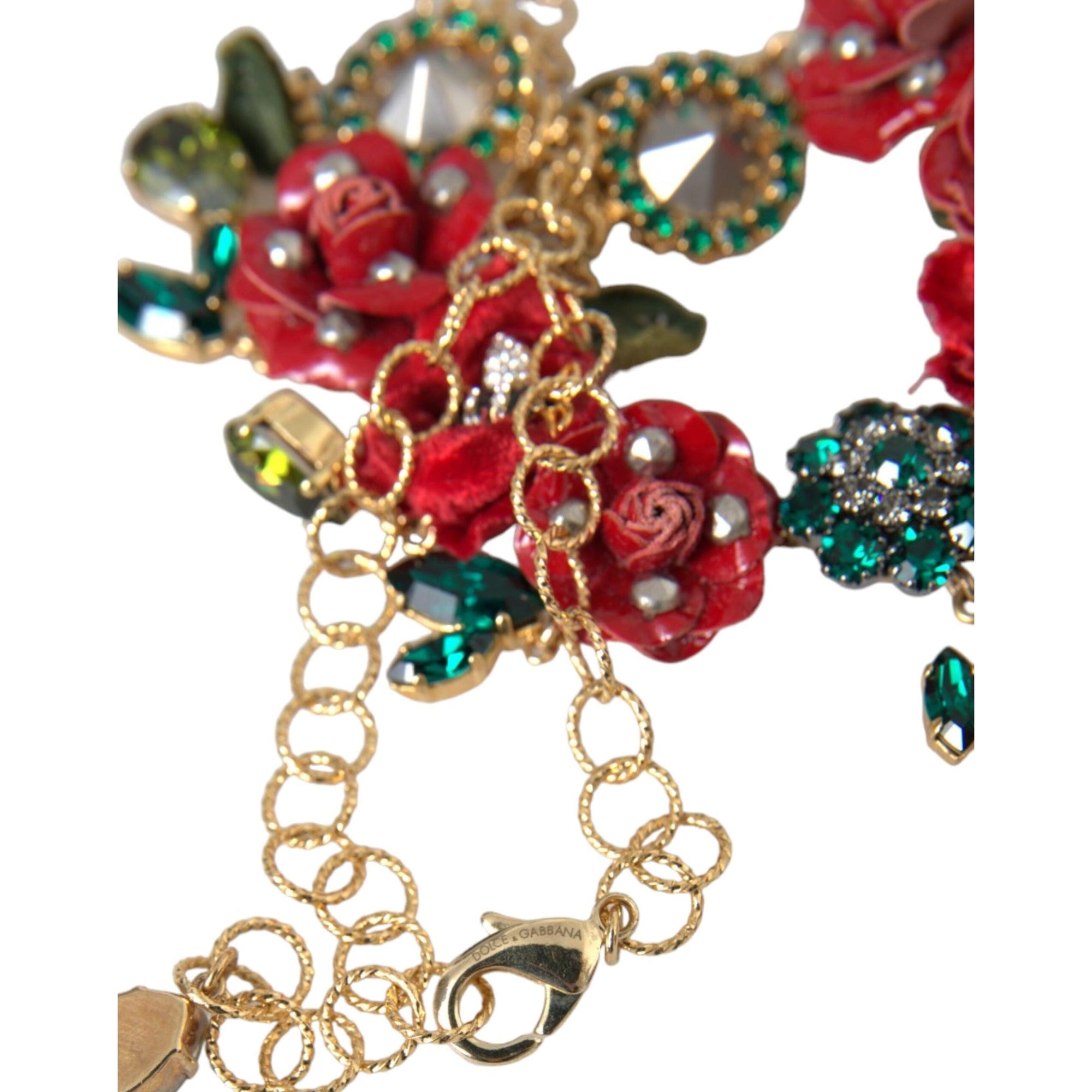 Dolce &amp; Gabbana Gold Brass Link Chain RosePetal Crystal Pendant Necklace