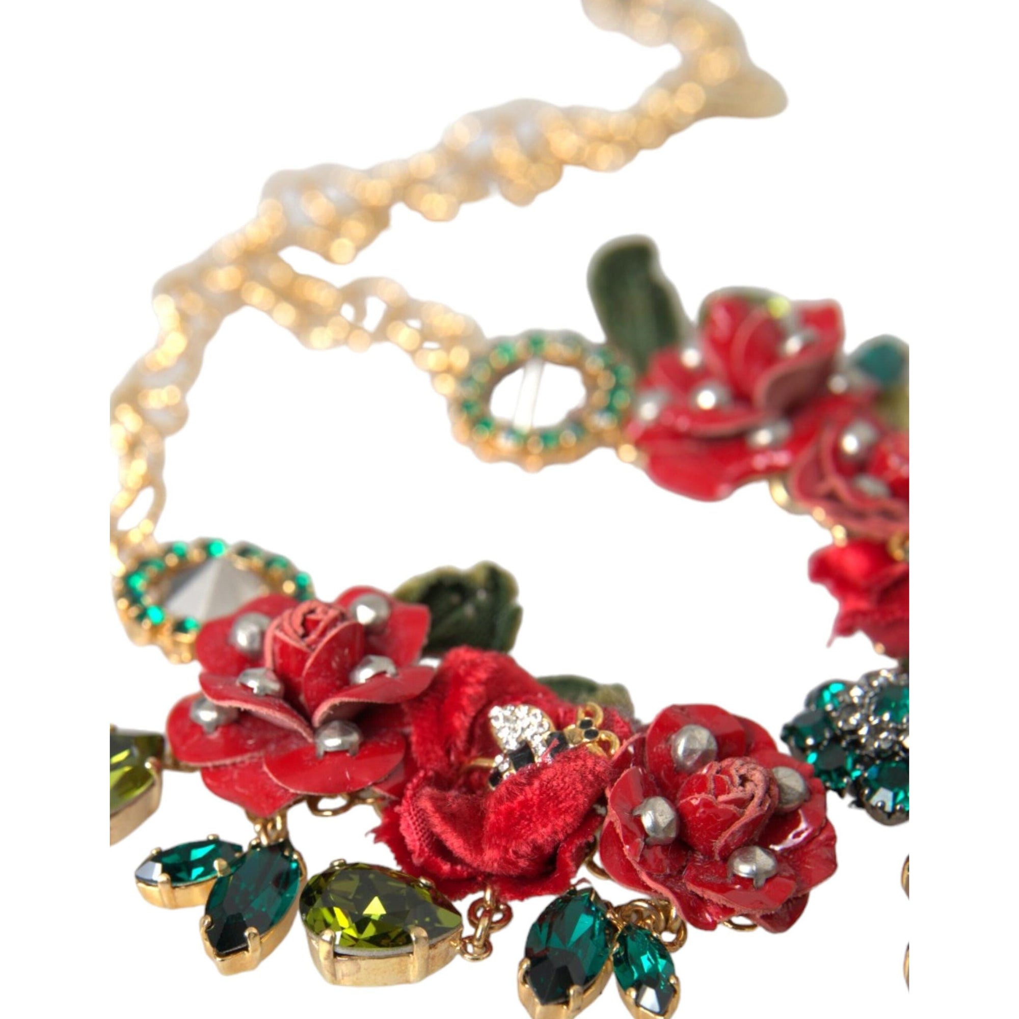 Dolce &amp; Gabbana Gold Brass Link Chain RosePetal Crystal Pendant Necklace