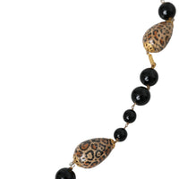 Dolce & Gabbana Gold Tone Brass Black Printed Beaded Long Chain Necklace