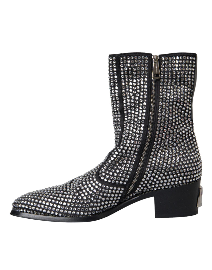 Dolce & Gabbana Black Rhinestone Crystal Chelsea Boots Shoes