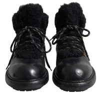 Dolce & Gabbana Black Leather Bernini Shearling Boots Shoes