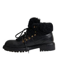 Dolce & Gabbana Black Leather Bernini Shearling Boots Shoes