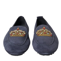 Dolce & Gabbana Blue Leather Suede Crystal Crown Loafers Shoes