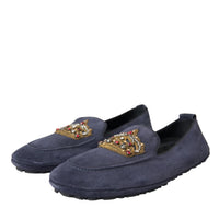 Dolce & Gabbana Blue Leather Suede Crystal Crown Loafers Shoes