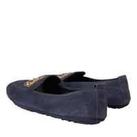 Dolce & Gabbana Blue Leather Suede Crystal Crown Loafers Shoes