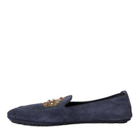 Dolce & Gabbana Blue Leather Suede Crystal Crown Loafers Shoes