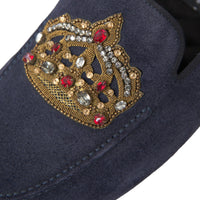 Dolce & Gabbana Blue Leather Suede Crystal Crown Loafers Shoes