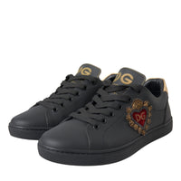 Dolce & Gabbana Black Leather Heart Embellished Sneakers Shoes