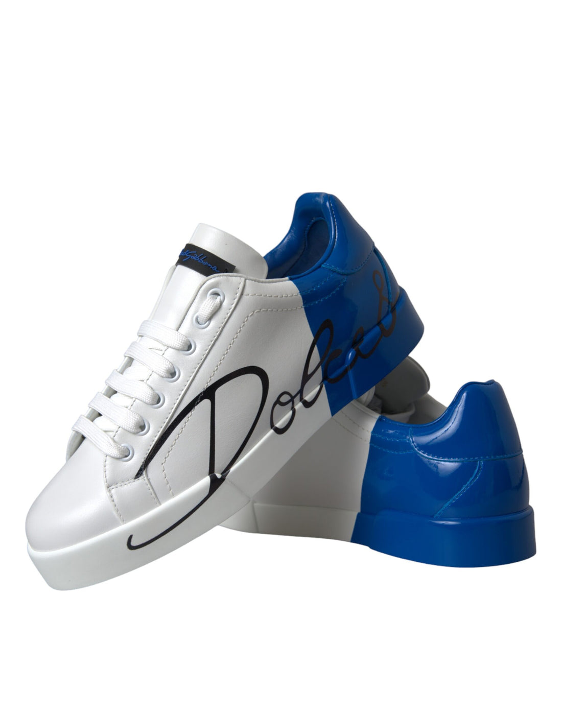 Dolce & Gabbana White Blue Leather Logo Low Top Sneakers Shoes