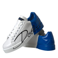 Dolce & Gabbana White Blue Leather Logo Low Top Sneakers Shoes