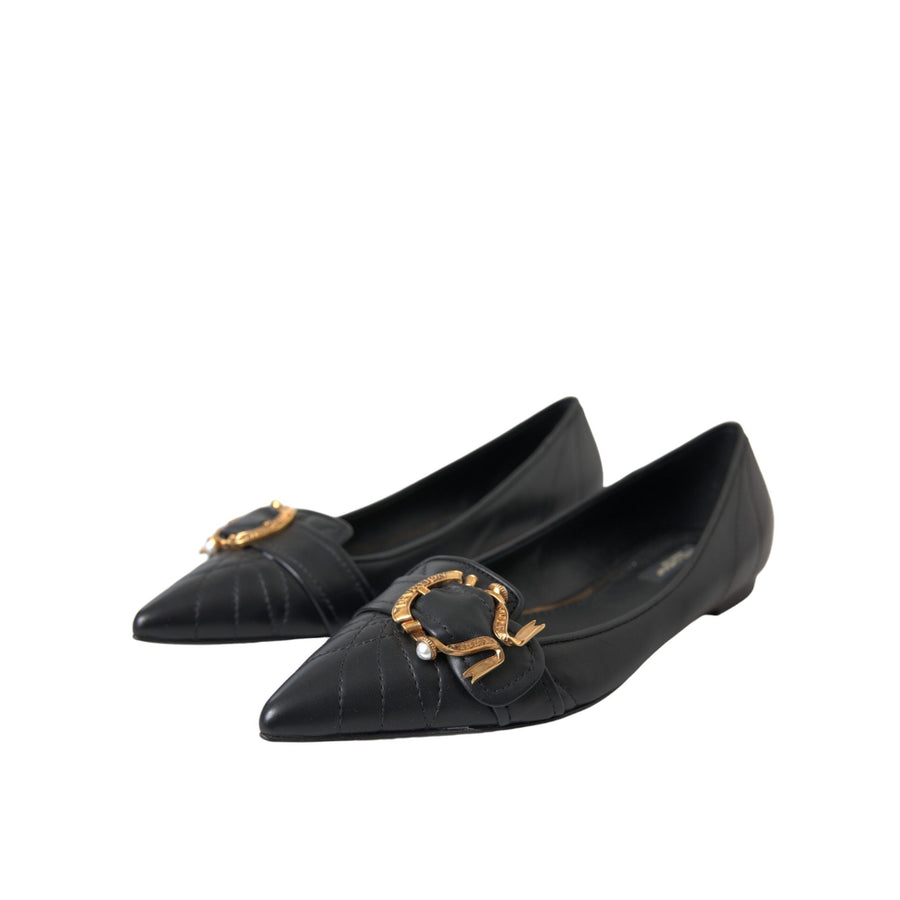 Dolce & Gabbana Black Devotion Leather Pointy Flats Shoes