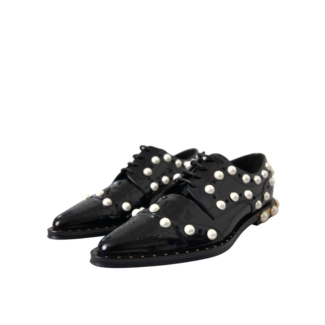 Dolce & Gabbana Black Leather Faux Pearl Dress Broque Shoes