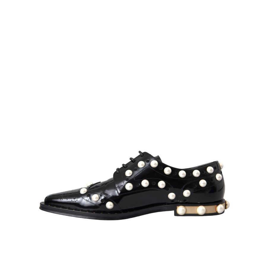 Dolce & Gabbana Black Leather Faux Pearl Dress Broque Shoes