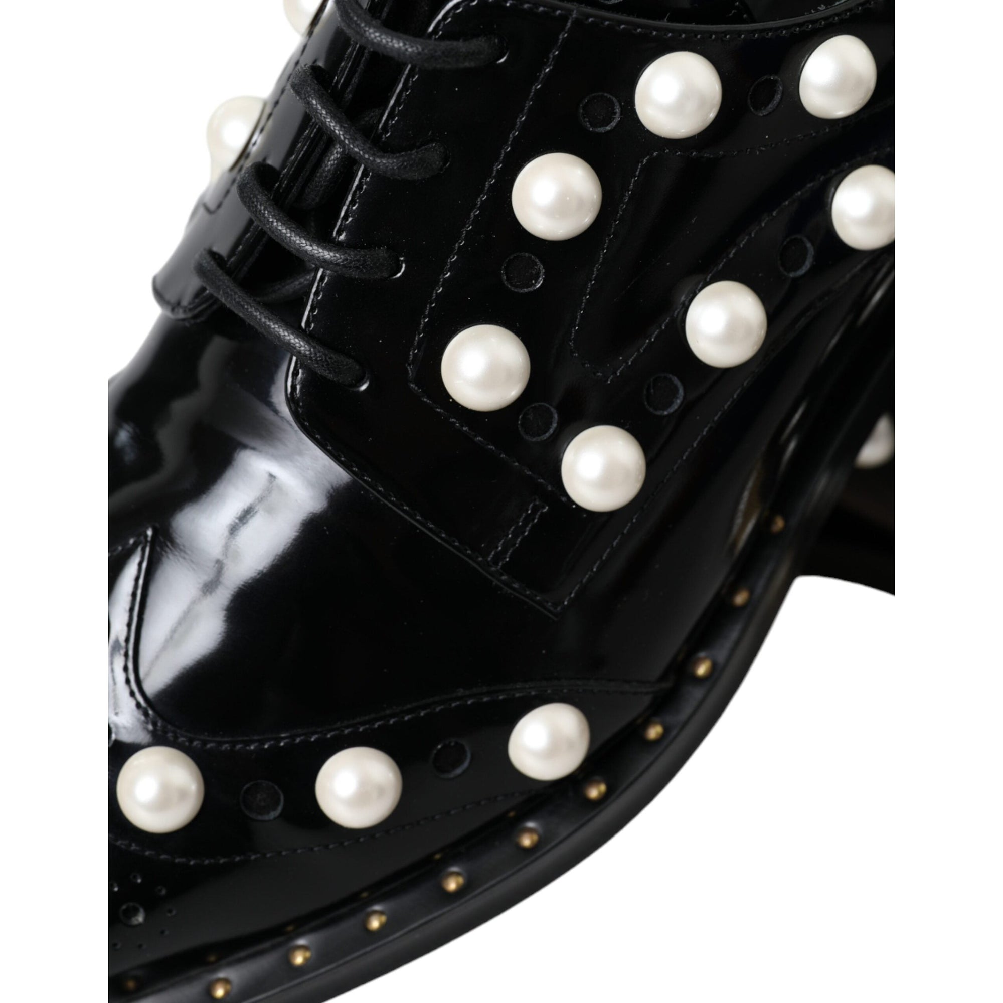 Dolce &amp; Gabbana Black Leather Faux Pearl Dress Broque Shoes