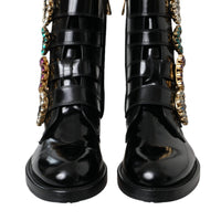 Dolce & Gabbana Black Leather Crystal Buckles Boots Shoes