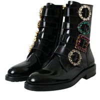 Dolce & Gabbana Black Leather Crystal Buckles Boots Shoes