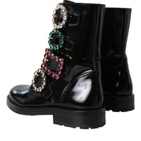 Dolce & Gabbana Black Leather Crystal Buckles Boots Shoes