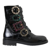 Dolce & Gabbana Black Leather Crystal Buckles Boots Shoes