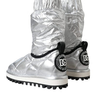 Dolce & Gabbana Metallic Silver Quilted Logo Patch Boot Shoes