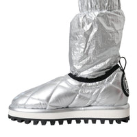 Dolce & Gabbana Metallic Silver Quilted Logo Patch Boot Shoes